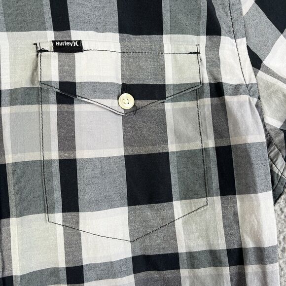 Hurley Shirt Men Medium Black Gray Plaid Button Casual Flap Pocket Surfer Skater - Picture 6 of 10